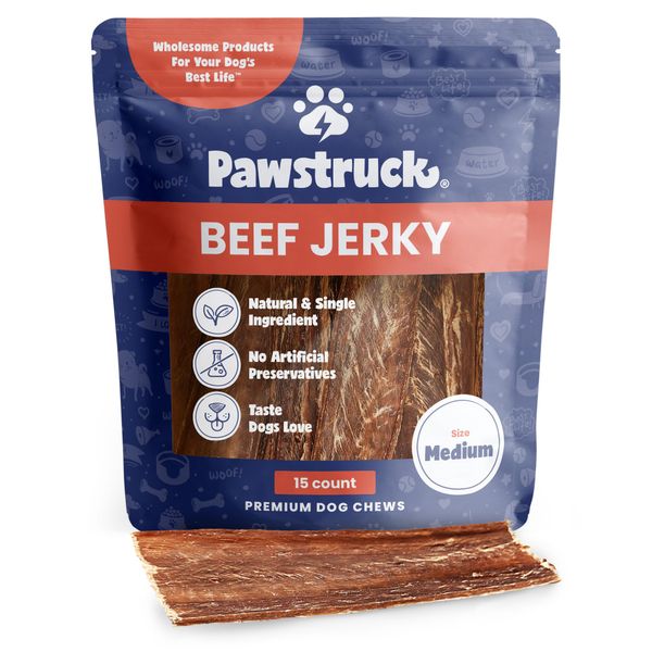 Pawstruck Premium Beef Jerky Dog Treat Chews, Medium 4"-6" Strips - Hip Joint Health Naturally Rich in Glucosamine & Chondroitin No Added Preservatives - 15 Count (Pack of 1) - Packaging May Vary