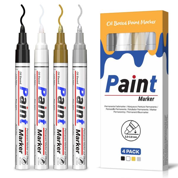 AOSUCO Permanent Marker Waterproof Pens, 4 Colours Paint Pen Glass Paint Pens 2-2.8 mm Medium Tip Permanent Marker for Painting Stones, Glass, Plastic, Metal, Wood, Ceramic, Cups, Tyres