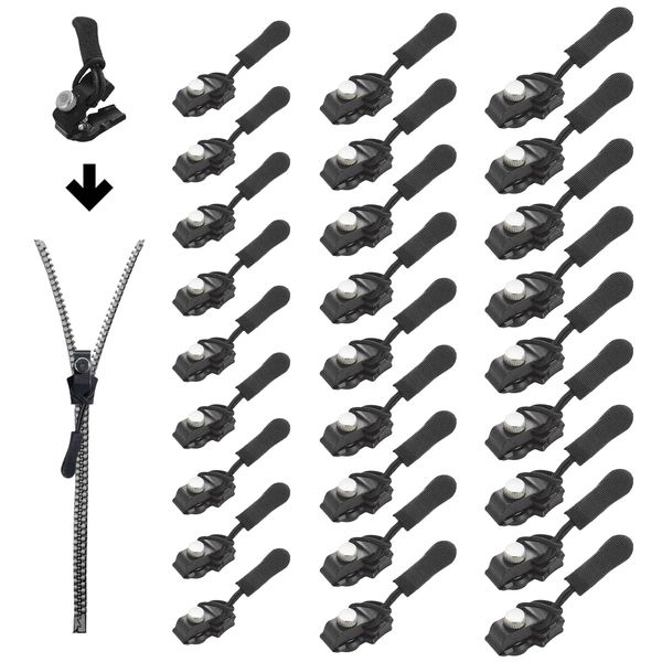 27Pcs Zip Repair Kit, Removable Zipper Puller, Zip Replacement, Zip Repair, Zipper Repair Kit, Extend and Secure Zipper Slider Replacement, 3 Sizes for Luggage Backpacks Jackets, Black