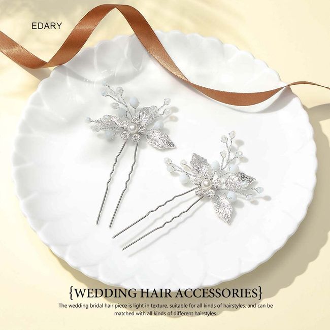 Edary Bride Wedding Hair Pins Crystal Bridal Hair Pieces Silver Hair Clips Leaf Wedding Hair Accessories for Women and Girls（Pack of 2）