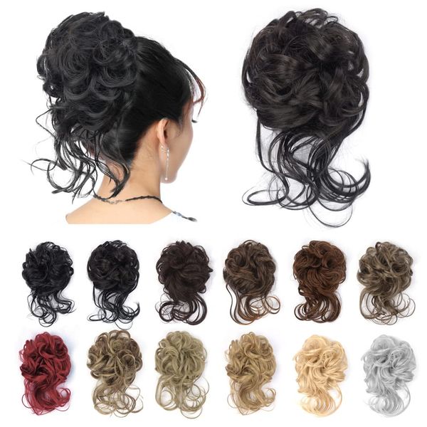 KGBFASS Nature Black Messy Bun Hair Curly Wavy Long Tousled Updo Bun Hair Piece Scrunchies with Elastic Rubber Band Synthetic Chignon Hair Extensions for Women Girls(2#)