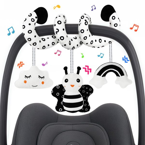 TSYAN Car Seat Toys for Babies 0-6 Months,Hanging Rattle Toys for Crib Mobile, Baby Spiral Hanging Stroller Black and White High Contrast Baby Toys for Newborn 0 3 6 9 12 Months Baby Boys Girls (BEE)