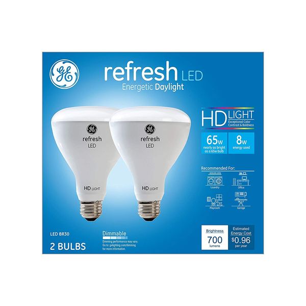 GE Lighting Refresh LED Floodlight Bulbs, 8 Watts (65 Watt Equivalent) Daylight HD Light, Medium Base, Dimmable (2 Pack)