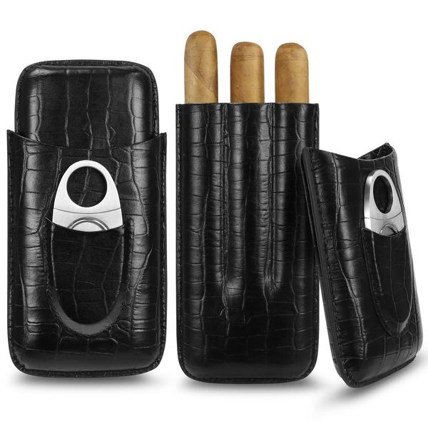 CHFG Cigar Cases 3-Finger Portable Travel Leather Cigars Case with Cutter Gifts for Men (Black)