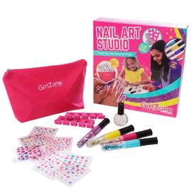 GirlZone Nail Art Studio Set, Nail Art Stickers, 3 Nail Salon Pens and Makeup Bag, Great Birthday Gift for Girls