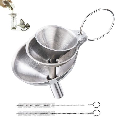 Lemotoy Stainless Steel Funnel, 3 Piece Kitchen Strainer Funnel Set with Handle, Small Funnel for Transfer Liquids and Powders, with 2 Piece Cleaning Brush