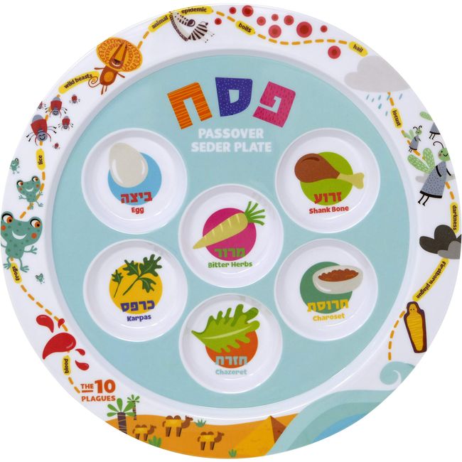 The Dreidel Company Children's Passover Melamine Seder Plate 10 Plagues Design, Traditional Kaarah For Pesach 9" (Single)