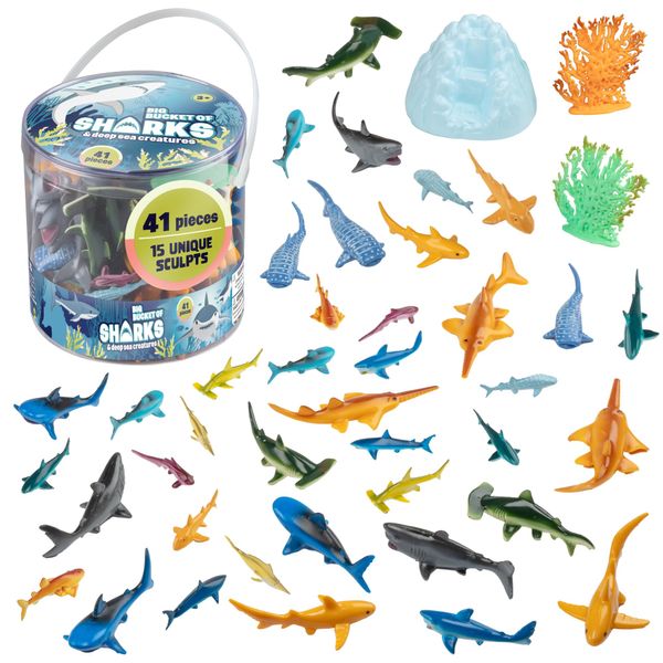 Sharks Toys Action Figure Bucket - 41 pc Toy Playset - Fun Deep Sea Fish Set Includes Great White Shark, Hammerhead, Whale & More - Great Bathtub & Sandbox Toy, Party Decoration & Easter Egg Stuffer