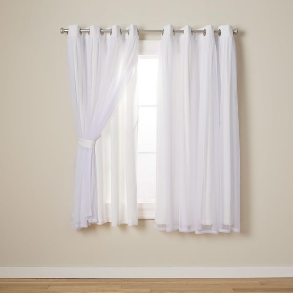 Exclusive Home Catarina Layered Solid Room Darkening Blackout and Sheer Grommet Top Curtain Panel Pair, 52"x63", Winter White