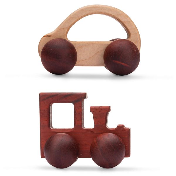 Promise Babe 2pc Wooden Rattle Organic Wooden Cars Push Car Toys Montessori Educational Natural Wood Toys Inspired Baby Newborn Perfect Shower Gift