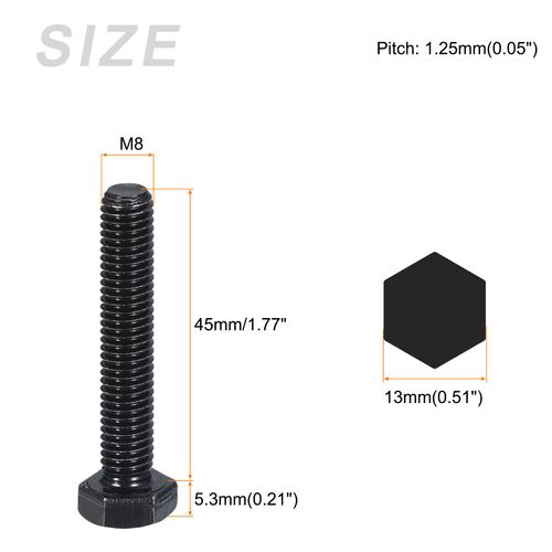 METALLIXITY Hex Bolts (M8-1.25x45mm) 10Pcs, 8.8 Grade Carbon Steel Fully Threaded Black Oxide, Coarse Thread UNC Hex Head Screw Bolt - for Furniture Repair