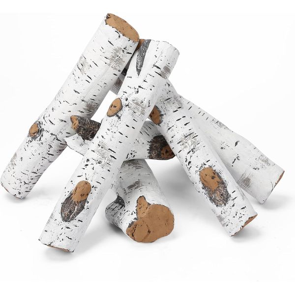 6 Pcs Gas Fireplace Logs Set, Ceramic White Birch Wood Logs for Indoor Inserts