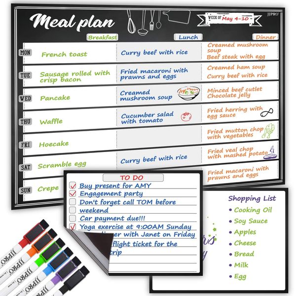 JJPRO Magnetic Dry Erase Meal Planning Whiteboard for Refrigerator-One 14.5x11" Weekly Menu Board and Two Notes Whiteboard for Kitchen Fridge-Refrigerator Organizer with Meal Planner Boards