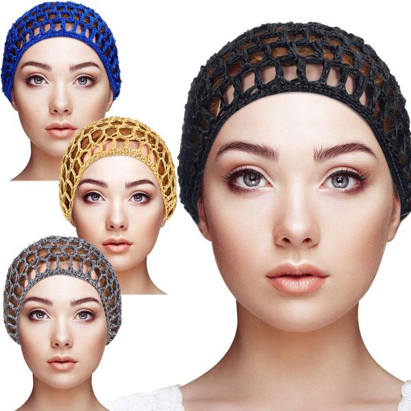 4 Pieces Mesh Crochet Hair Net Rayon Knit Snood Hat Thick Short Women Hairnet Snoods Cover Ornament for Sleeping (Black, Blue, Gray, Khaki)