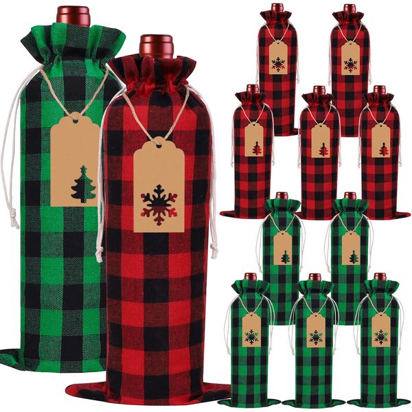 DULEFUN 12pcs Christmas Wine Gift Bags, Christmas Wine Bags Classic Buffalo Plaid Wine Bottle Bags Reusable Burlap Xmas Wine Bottle Covers Clothes for Christmas New Year Wedding Holiday Parties