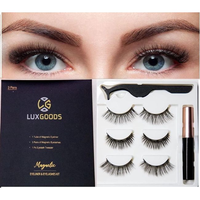 Luxgoods Magnetic Lashes - Wimpernset 3 Paar,1 Flasche Eyeliner + 1 Pinzette - Wiederverwendbare Magnetwimpern -Wimpern-Magnetwimpern