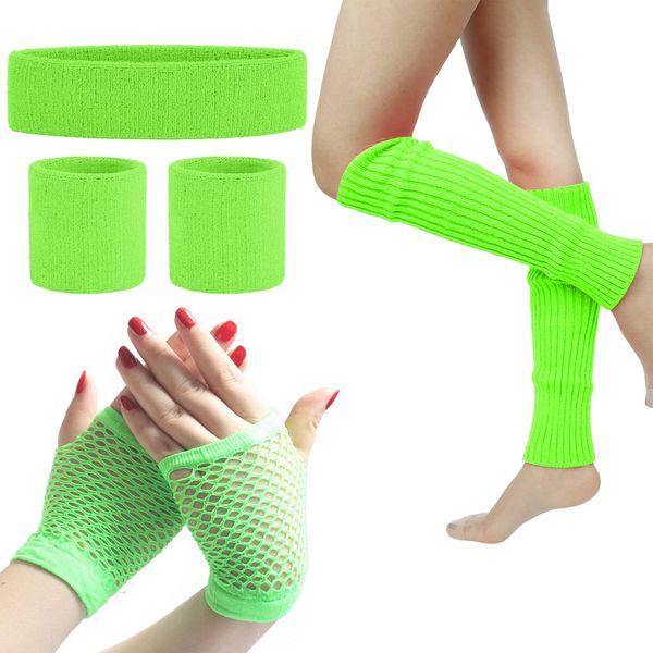 Leg Warmers Fishnet Gloves Headband Wristbands Neon Set, 80s Women Fancy Dress Costume Accessories, 1980s Retro Theme Party Costumes (Green)