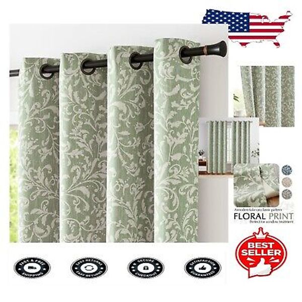 Room Darkening 80% Blackout Curtains, Elegant Floral Panels 50" x 84" Sage Green