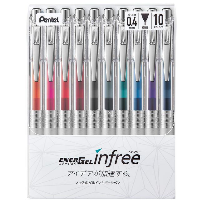 Pentel BLN74TL-10 Gel Ink Ballpoint Pen, ENERGEL IN FREE, 0.4mm, 10 Colors