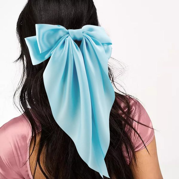 Velscrun Hair Bows for Women Girls 4Pcs Purple Hair Bow Blue Hair Bow Big Hair Bows Clip Bow-Knot Hair Claw Clips Silky Satin Large Hair Ribbons Oversized Long Tail Hair Bows Hair Barrettes