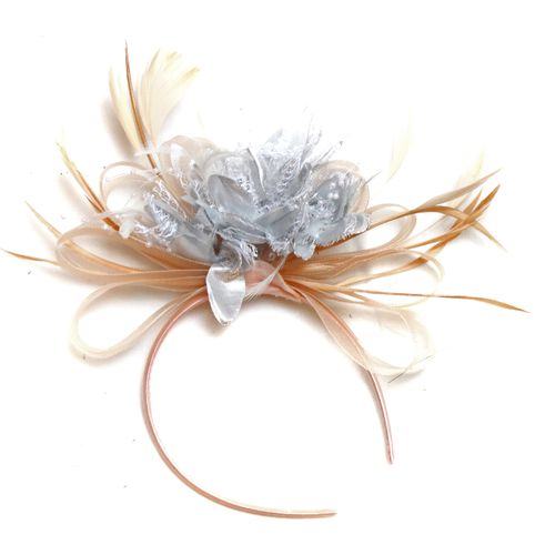 Caprilite Fashion Nude Salmon and Silver Feather Hair Fascinator Headband Wedding Royal Ascot Races Ladies