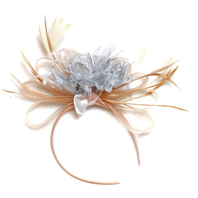 Caprilite Fashion Nude Salmon and Silver Feather Hair Fascinator Headband Wedding Royal Ascot Races Ladies