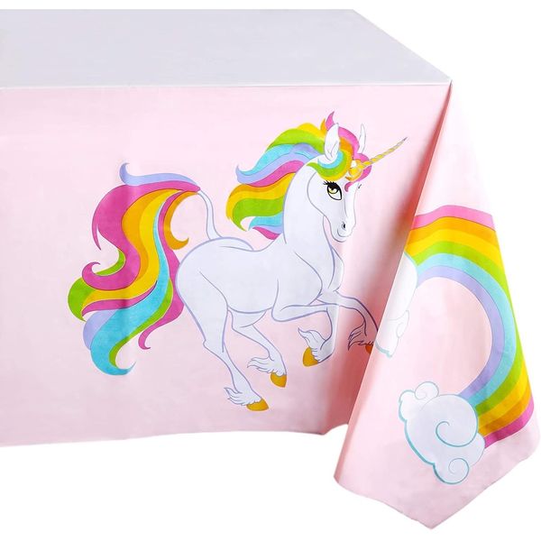 BLUE PANDA Unicorn Rainbow Party Supplies- 3 Pack Disposable Plastic Rectangular Tablecloths Kids Birthday, Table Cover Decorations in Pink White, 54 x 108 inches