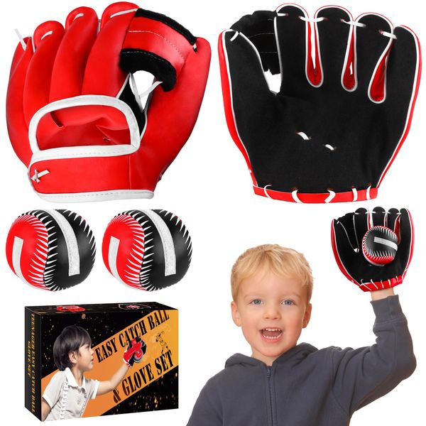 Aodaer 2 Pack T Ball Sets Baseball Glove and Ball Teenager Easy Catch Ball & Baseball Glove Set for Yard Lawn Game, Catch Game, Baseball Play, Black and Red