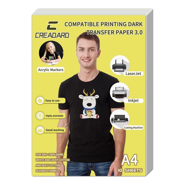 Transfer Paper for Inkjet and Laser Printers, T-Shirt Heat Transfer Paper, Printable Heat Transfer Vinyl, Suitable for Black and Dark-Colored Fabrics, Easy to Cut and Use. 10 Sheets A4 (8.3"*11.7")