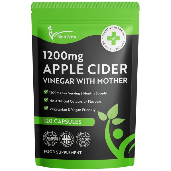 Apple Cider Vinegar Capsules 1200mg - ACV with Mother - 120 High Strength Vegan Capsules, 2 Months Supply - Raw & Unfiltered GMO Free - Alternative to Apple Cider Vinegar Tablets or Gummies - UK Made