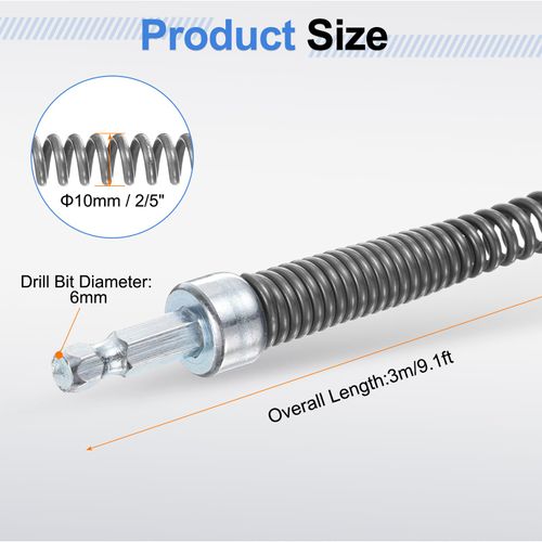 HARFINGTON Drain Cable 2/5" (10mm) Dia. 9.1ft Manual Drain Cleaning Auger Cables with Drill Connector Flexible Spring Unclog Hair for Bathroom Kitchen Toilet Bathtub Sewer Sink