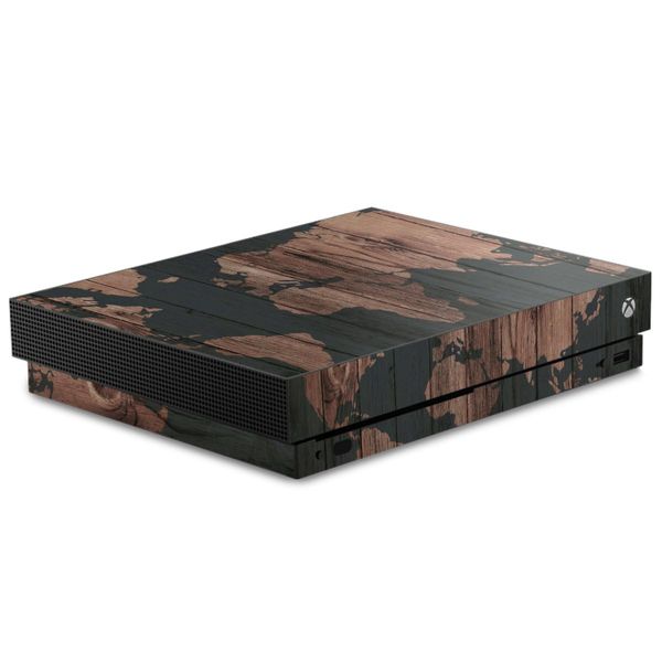 DeinDesign Skin kompatibel mit Microsoft Xbox One X Folie Sticker Landkarte Holzoptik Weltkarte