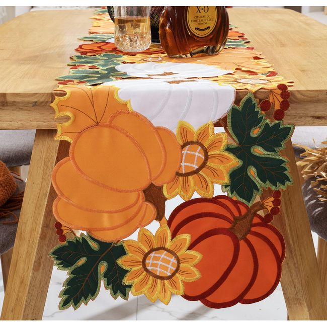 Thanksgiving Table Runner Embroidery Cutout Pumpkin Fall Table Runners Kitchen Decor Party Table Decorations 16x72 inch