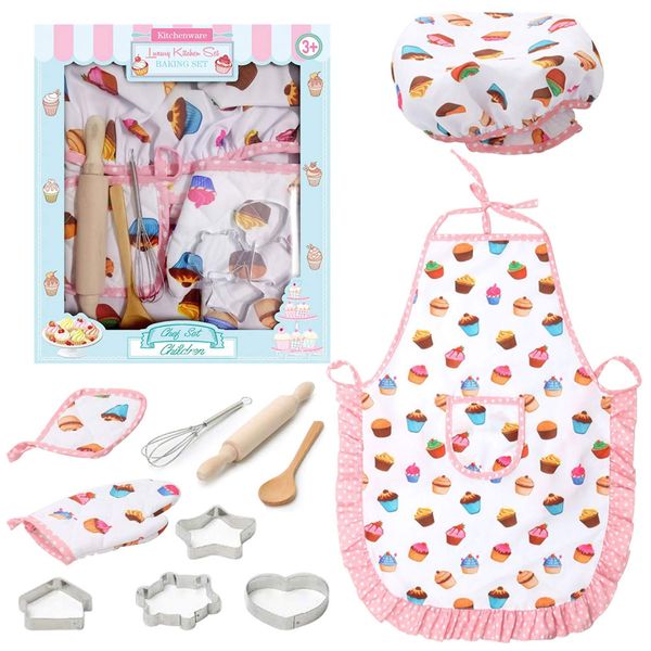 3 otters 11Pcs Kids Cooking and Baking Chef Set, Christmas Toddler Dress Up & Pretend Play Dress Up Clothes for Kids Ages 3-12, Kitchen Toys with Kids Aprons for Girls, Complete Cooking Sets