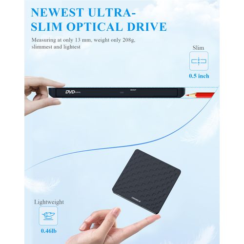 ORIGBELIE External CD DVD Drive for Laptop, USB 3.0 Type-C Ultra Slim 13mm DVD Player Portable CD DVD +/-RW Drive CD Burner Reader Writer Recorder for Desktop PC Windows 11/10/8/7 Linux Mac OS (Black)