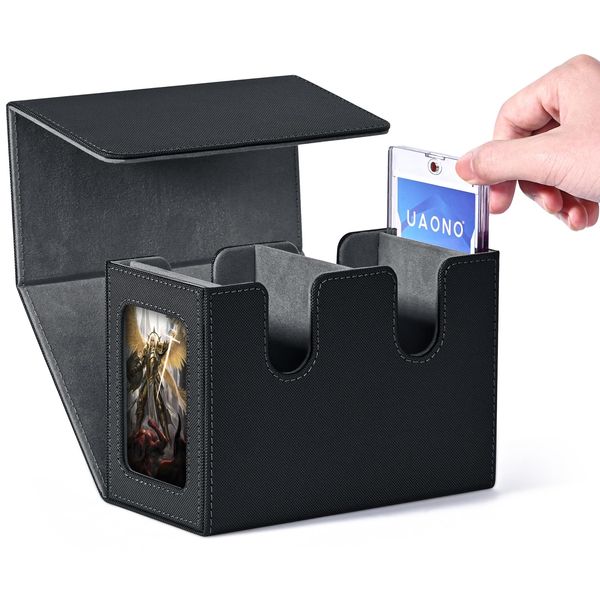 UAONO Deck Box with Dual Commander Displays, Card Storage Box Holds 280+ Single- Sleeved Cards, Trading Card Box Suitable for CCG, MTG, EDH（Black&Gray）