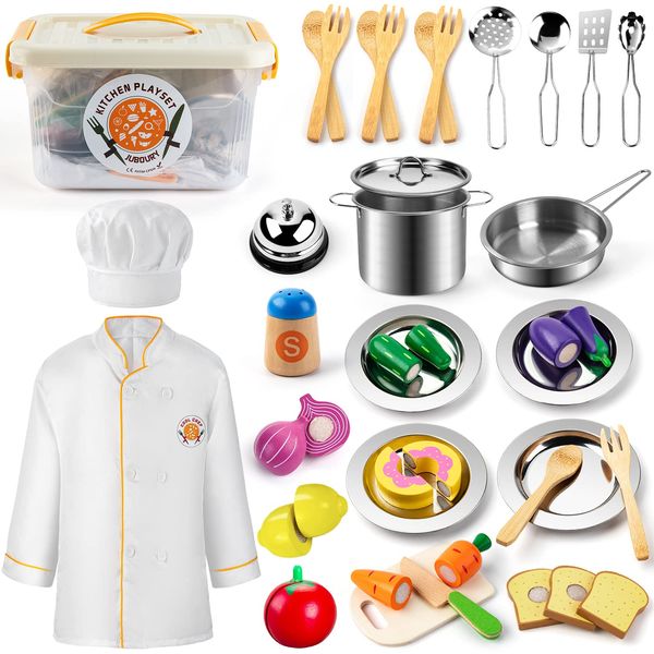 Juboury Pretend Play Kitchen Set - Toy Kitchen Accessories with Stainless Steel Cookware Pots and Pans, Plates, Cooking Utensils, Kids Chef Coat & Hat, Wooden Play Food for Kids, Girls, Boys, Toddlers