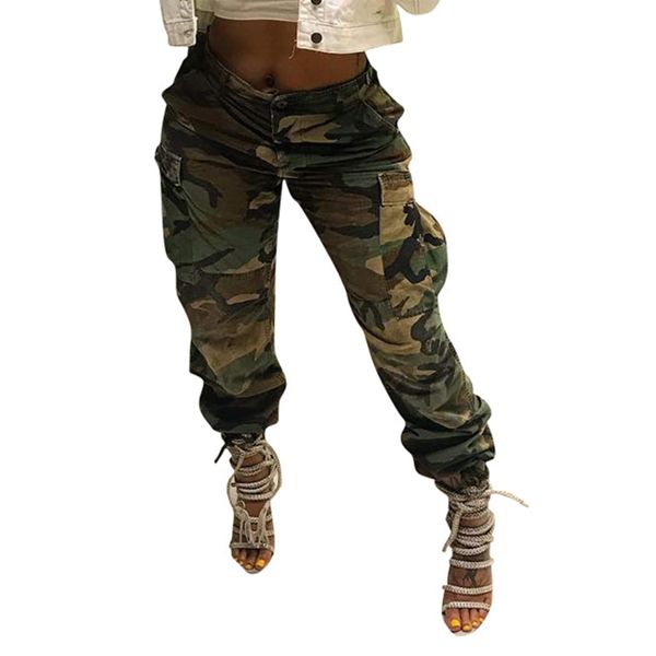 Vakkest Women's Camo Cargo Pants High Waist Slim Fit Trousers Camouflage Active Jogger Pocket Sweatpants with Belt