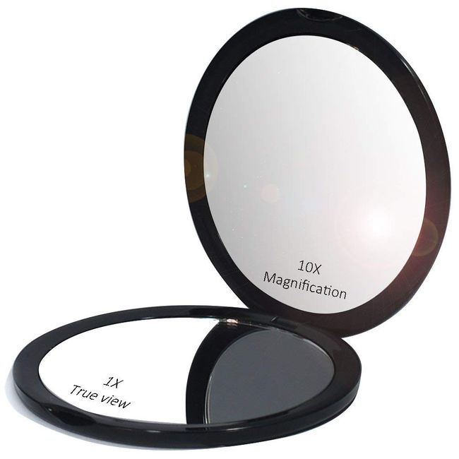 Compact Mirror, Makeup Mirror, 10x Magnifier, Folding Mirror, Hand Mirror, Double Sided Mirror, Adjustable Angle, Ultra Lightweight (Black)