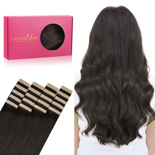 WENNALIFE Tape Extensions Echthaar, 20pcs 50g 55cm 22 Zoll Dunkel Braun Remy Invisible Tape Extensions Seidig Gerade Echthaar Extensions Skin Weft Tape Ins