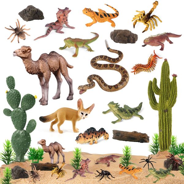 SIENON 32Pcs Desert Animal Figurines Set Model Trees Cactus Kit Desert Diorama Project with Camel Fennec Fox Rattlesnake Scorpion Lizard Reptile Toy Playset for Kids Birthday Cake Toppers Party Décor