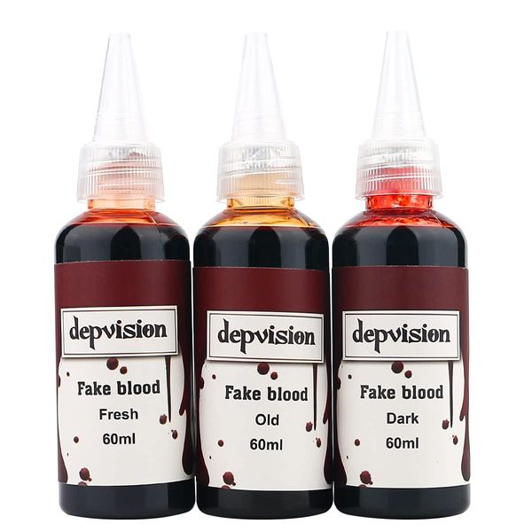 Depvision Fake Blood 2 OZ X 3 Colors Set Fresh Old Dark Wound For Special Effects Wound Waterproof Professional Makeup Artist Skin Illustrator, white,fresh,clear