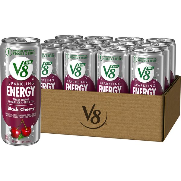 V8 +SPARKLING ENERGY Black Cherry Energy Drink, Made with Real Vegetable and Fruit Juices, 11.5 FL OZ Can (Pack of 12)