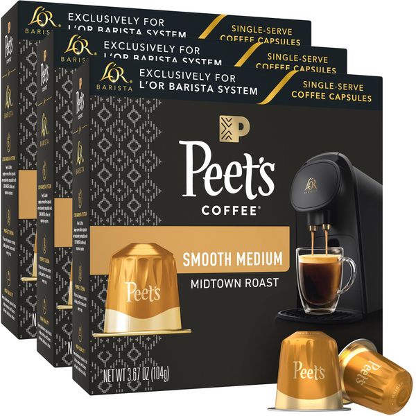 L'OR Barista Coffee Pods, Peet's Coffee Midtown Medium Roast - 30 Single-Serve Capsules, Exclusively Compatible with L'OR BARISTA System, Brews 5 oz, 8 oz, 12 oz, 10 count, Pack of 3