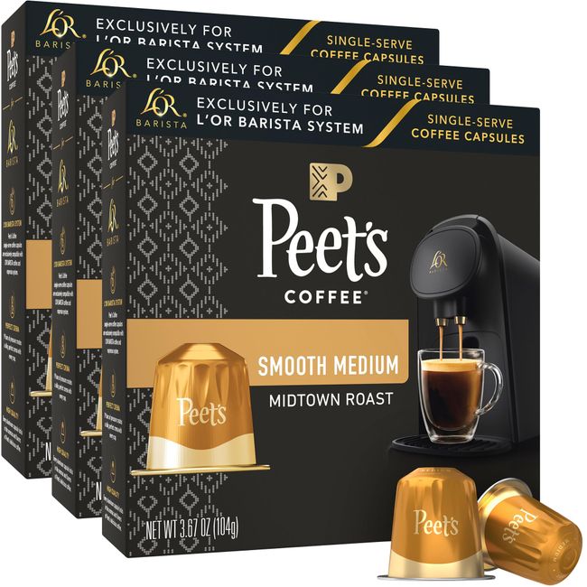 L'OR Barista Coffee Pods, Peet's Coffee Midtown Medium Roast - 30 Single-Serve Capsules, Exclusively Compatible with L'OR BARISTA System, Brews 5 oz, 8 oz, 12 oz, 10 count, Pack of 3