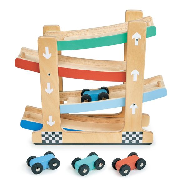 Mentari Toys - Wooden Ramp Raver Toy - 4 Level Toy Car Ramp Race Track Includes 4 Wooden Toy Cars - A Great Gift for Boys and Girls - Age 18m+