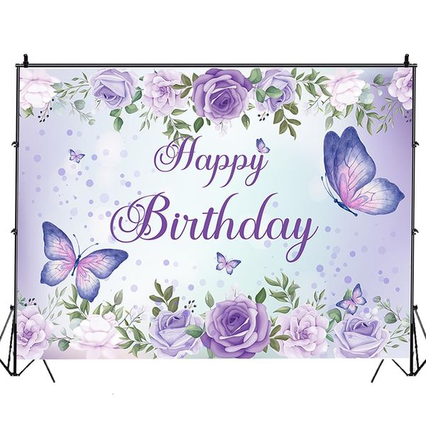 6x6Ft Butterfly Happy Birthday Backdrops Purple Butterfly Rose Flowers Birthday Decorations Girls Birthday Party Backdrop Decoration Cake Table Banner Happy Birthday Photography Background