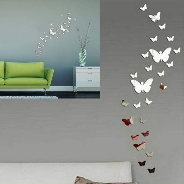 Butterfly Mirror Wall Stickers, 36pcs Acrylic 3D Wall Art Stickers Silver Mirror Stickers for Living Room Bedroom Office