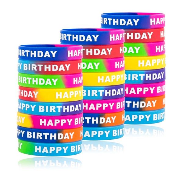 ARTLYMERS 24pcs Happy Birthday Rubber Bracelets, Colored Silicone Stretch Wristbands for Birthday Party Supplies Favors 8 Styles