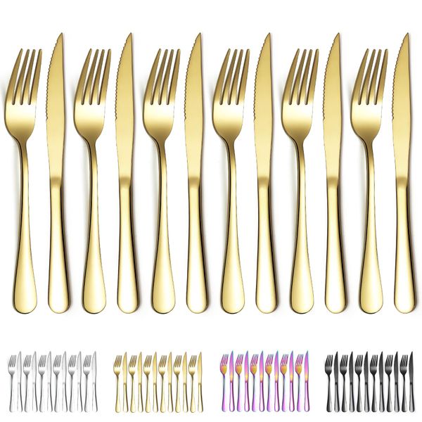 Evanda Gold Steak Knives Set 12 Piece Service for 6, Gold Titanium Plating Stainless Steel 6 Dinner Forks and 6 Dinner Knives Set, Steak Knives Steak Forks, Dishwasher Safe